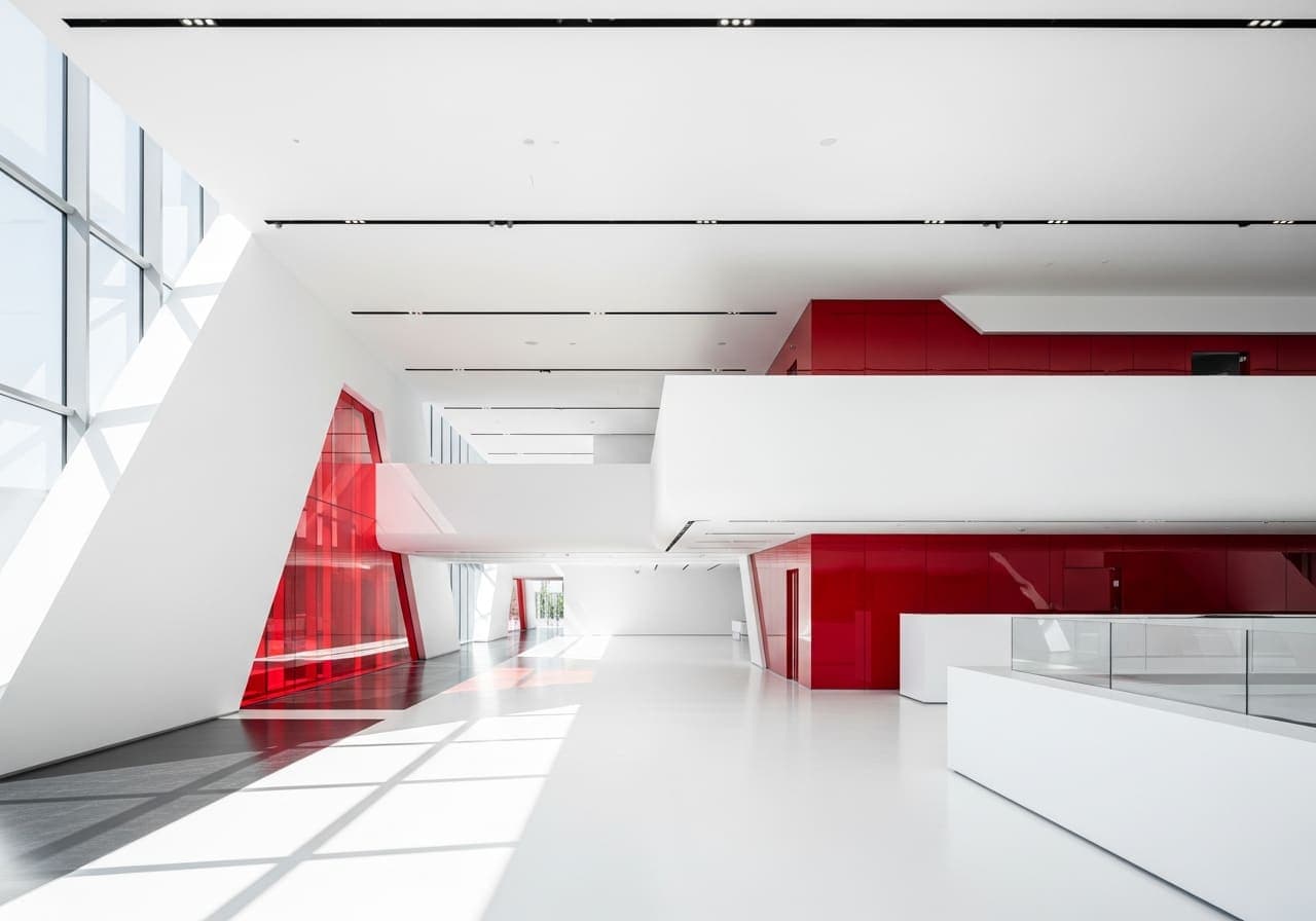 Modern architectural rendering with red accents — UniQual visual