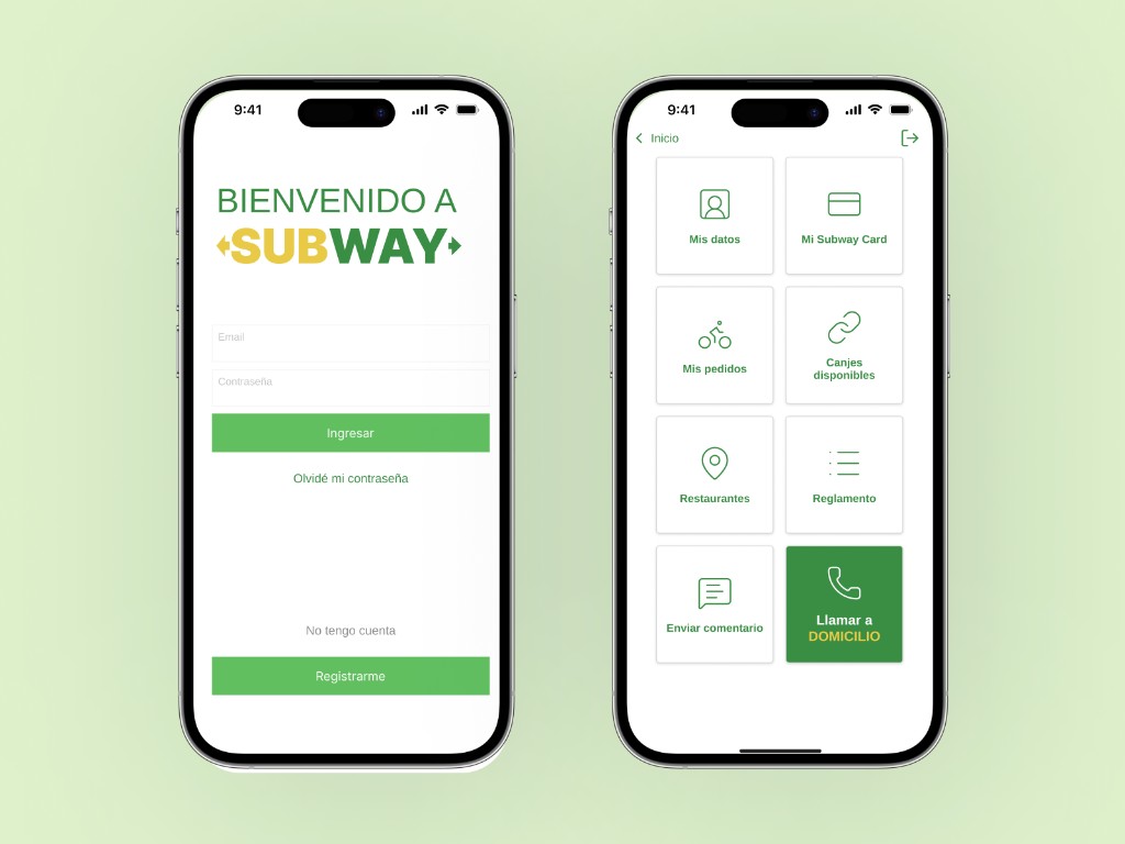 Subway login screen and account menu with orders, card, and restaurants